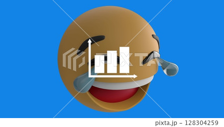 Digital image of bar graph icon over laughing face emoji against blue background 128304259