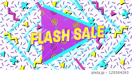 Image of flash sale text in yellow letters over brightly coloured retro pattern 128304263