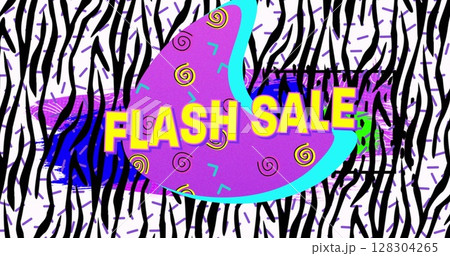 Image of flash sale text in yellow letters over brightly coloured zebra retro pattern 128304265