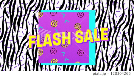 Digital image of flash sale text on purple banner over zebra stripes pattern on white background 128304266