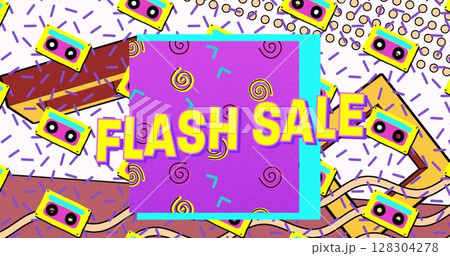 Flash sale text on purple banner against vhs tape icons in seamless pattern on white background Flash sale text on purple banner against vhs tape icons in seamless pattern on white background 128304278