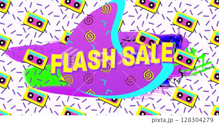 Image of flash sale text in yellow letters over brightly coloured retro cassettes pattern 128304279