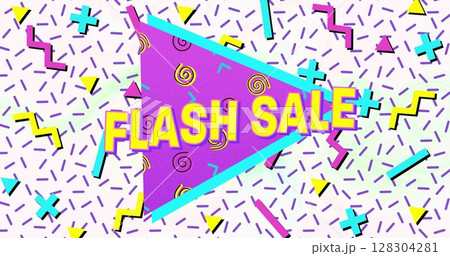 Flash sale text on purple banner against abstract colorful shapes on white background Flash sale text on purple banner against abstract colorful shapes on white background 128304281