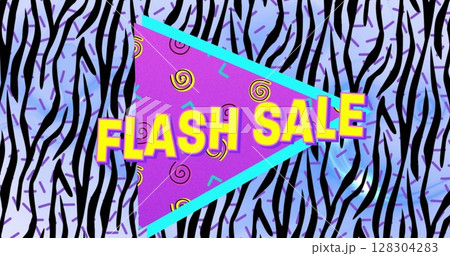 Digital image of flash sale text on purple banner over zebra stripes pattern on blue background Digital image of flash sale text on purple banner over zebra stripes pattern on blue background 128304283