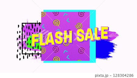 Flash sale text on purple banner against abstract colorful shapes on white background 128304286
