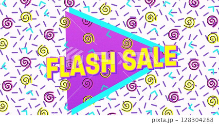 Flash sale text on purple banner against abstract colorful shapes on white background Flash sale text on purple banner against abstract colorful shapes on white background 128304288