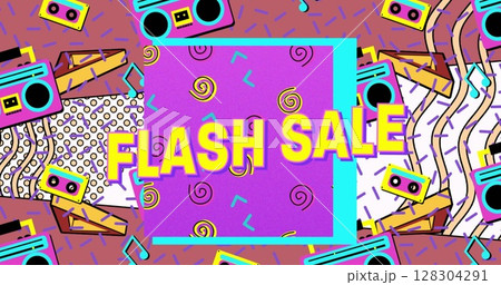 Image of flash sale text in yellow letters over brightly coloured retro tape recorders pattern Image of flash sale text in yellow letters over brightly coloured retro tape recorders pattern 128304291