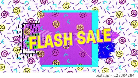Image of flash sale text in yellow letters over brightly coloured retro pattern 128304294