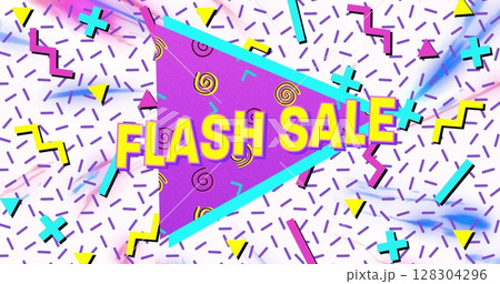 Flash sale text on purple banner against abstract colorful shapes on white background 128304296