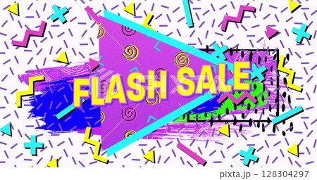 Flash sale text on purple banner against abstract colorful shapes on white background Flash sale text on purple banner against abstract colorful shapes on white background 128304297