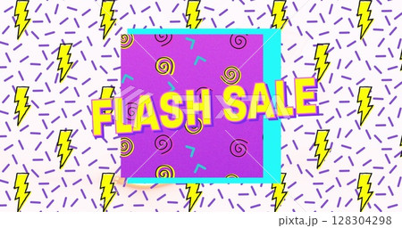 Flash sale text on purple banner against thunderbolt icons in seamless pattern on white background Flash sale text on purple banner against thunderbolt icons in seamless pattern on white background 128304298