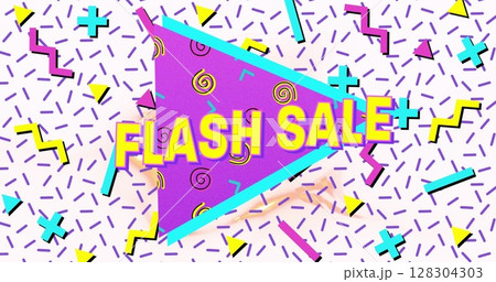 Image of flash sale text in yellow letters over brightly coloured retro pattern 128304303