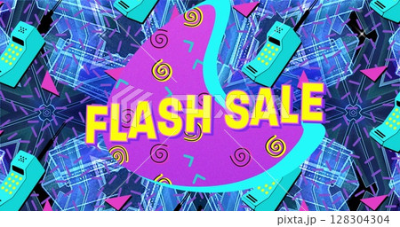 Flash sale text on purple banner against telephone icons in seamless pattern on blue background Flash sale text on purple banner against telephone icons in seamless pattern on blue background 128304304