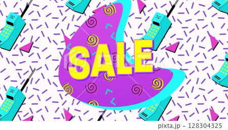 Image of flash sale text in yellow letters over brightly coloured retro pattern Image of flash sale text in yellow letters over brightly coloured retro pattern 128304325