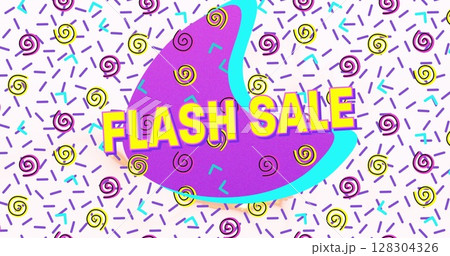 Flash sale text on purple banner against abstract colorful shapes on white background 128304326