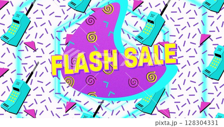 Flash sale text on purple banner against telephone icons in seamless pattern on white background Flash sale text on purple banner against telephone icons in seamless pattern on white background 128304331