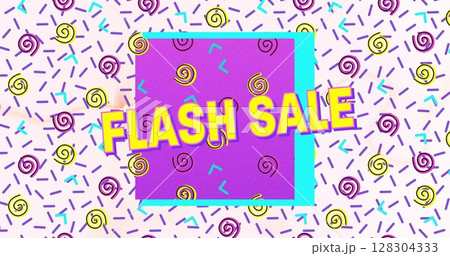 Flash sale text on purple banner against abstract colorful shapes on white background Flash sale text on purple banner against abstract colorful shapes on white background 128304333