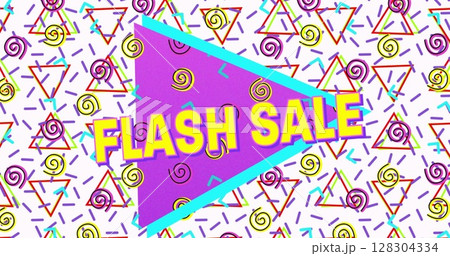 Image of flash sale text in yellow letters over brightly coloured retro pattern 128304334