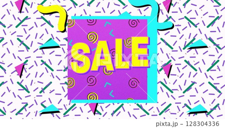 Image of flash sale text in yellow letters over brightly coloured retro pattern 128304336