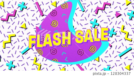 Flash sale text on purple banner against abstract colorful shapes on white background 128304337