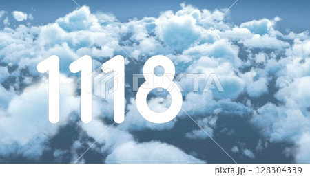 Digital image of the number displayed in bold white text over a cloudy sky background 128304339