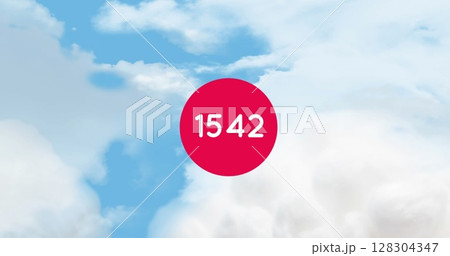 Digital image features the number inside a bold red circle over sky with clouds 128304347