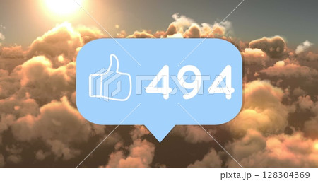Digital image of like icon with number text over sky background 128304369