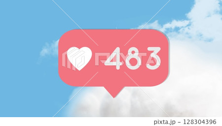 Digital image of heart icon with number text over sky background 128304396