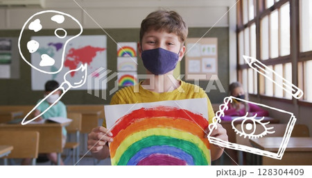 Image of school items icons moving over schoolboy wearing face masks 128304409