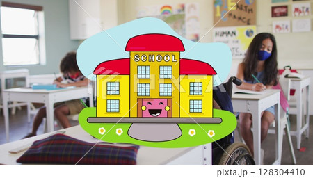 Image of school items icons moving over schoolchildren wearing face masks Image of school items icons moving over schoolchildren wearing face masks 128304410