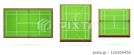 3d tennis court top view and perspective. Realistic green field with net and white lines on grass. Empty sport ground with turf texture for tournament or training, isolated render set. 3D illustration 128304450