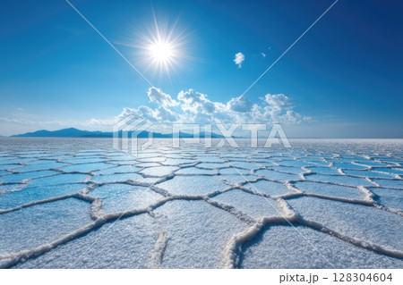 white hexagonal salt lake floor with a blue sky and sun white hexagonal salt lake floor with a blue sky and sun 128304604