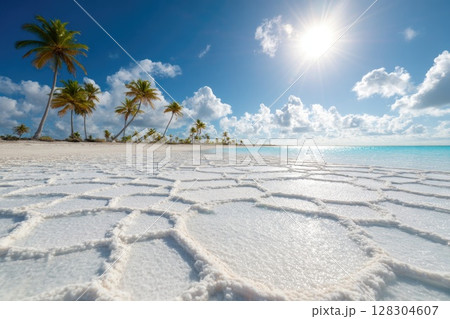 white hexagonal salt lake floor with a blue sky and sun white hexagonal salt lake floor with a blue sky and sun 128304607
