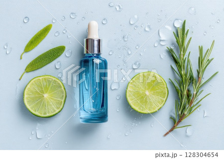 Blue cosmetic glass bottle with serum, face cream, and lime on a white background 128304654