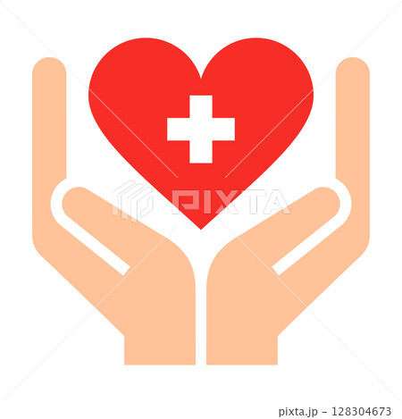 Health care icon, medical cross in red heart and hands. Medical care symbol. Emergency medical sign. 128304673