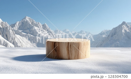 3D render of a wooden stump podium on a snow background. 128304700