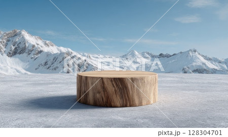 3D render of a wooden stump podium on a snow background. 3D render of a wooden stump podium on a snow background. 128304701