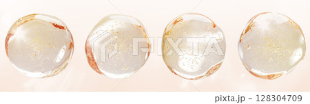 Gold oil drops with air bubbles 3d render icon. Liquid serum, collagen gel, vitamin essence droplets. Cosmetic skin care product, yellow transparent balls spheres, isolated render set. 3D illustration Gold oil drops with air bubbles 3d render icon. Liquid serum, collagen gel, vitamin essence droplets. Cosmetic skin care product, yellow transparent balls spheres, isolated render set. 3D illustration 128304709