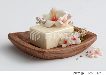 3D render of a beautiful bar of soap in a wooden stand 3D render of a beautiful bar of soap in a wooden stand 128304740