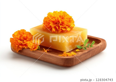 3D render of a beautiful bar of soap in a wooden stand 128304743