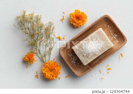 3D render of a beautiful bar of soap in a wooden stand 128304744