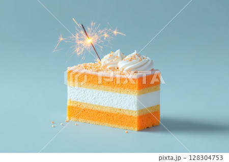 minimalist cute little cake with a sparkler on top The background is light blue. minimalist cute little cake with a sparkler on top The background is light blue. 128304753