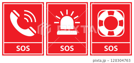 SOS icon set. SOS Emergency alarm button, rescue lifebuoy and emergency call symbol. 128304763