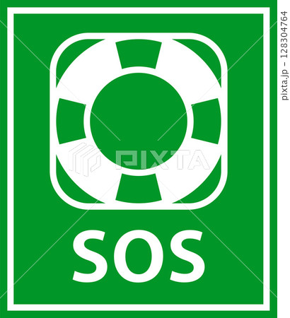 SOS sign with lifebuoy. Emergency rescue lifebuoy label. 128304764