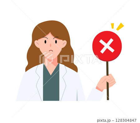 Female doctor cartoon showing a no or incorrect sign for recommendation, hospital, medical and illustration 128304847