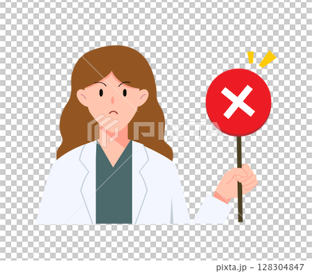 Female doctor cartoon showing a no or incorrect sign for recommendation, hospital, medical and illustration 128304847