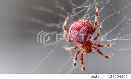 Red spider with heart pattern on its back hangs in its web, showcasing intricate details and textures 128304865