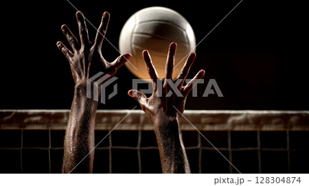 Dynamic close up of hands blocking volleyball spike at net, with dramatic lighting and motion blur Dynamic close up of hands blocking volleyball spike at net, with dramatic lighting and motion blur 128304874