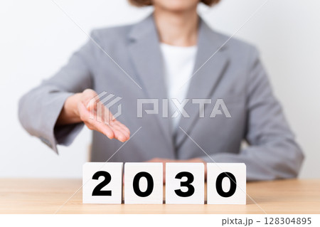 2030のブロックとスーツを着たミドル女性ビジネスウーマン 2030のブロックとスーツを着たミドル女性ビジネスウーマン 128304895