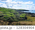 西平安名崎の自然風景と風力発電の風車が立つ岬 沖縄・宮古島の海辺の景色 128304904